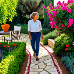 Lush Home Garden**

"A vibrant, family-friendly backyard garden in the Algarve, Portugal. A fully clothed woman tends to colorful flowers (bougainvillea, lavender) and a small vegetable patch (tomatoes, peppers). Stone paths wind through the garden, leading to a cozy seating area with comfortable cushions. The scene is bathed in warm afternoon sunlight. Professional photography, perfect anatomy, correct proportions, natural pose, safe for work, appropriate content, fully clothed, modest clothing, professional, high quality."

**