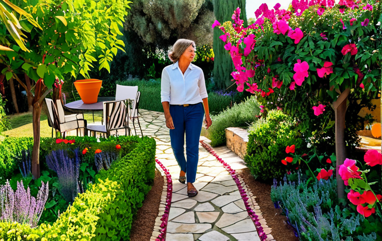 Lush Home Garden**

"A vibrant, family-friendly backyard garden in the Algarve, Portugal. A fully clothed woman tends to colorful flowers (bougainvillea, lavender) and a small vegetable patch (tomatoes, peppers). Stone paths wind through the garden, leading to a cozy seating area with comfortable cushions. The scene is bathed in warm afternoon sunlight. Professional photography, perfect anatomy, correct proportions, natural pose, safe for work, appropriate content, fully clothed, modest clothing, professional, high quality."

**