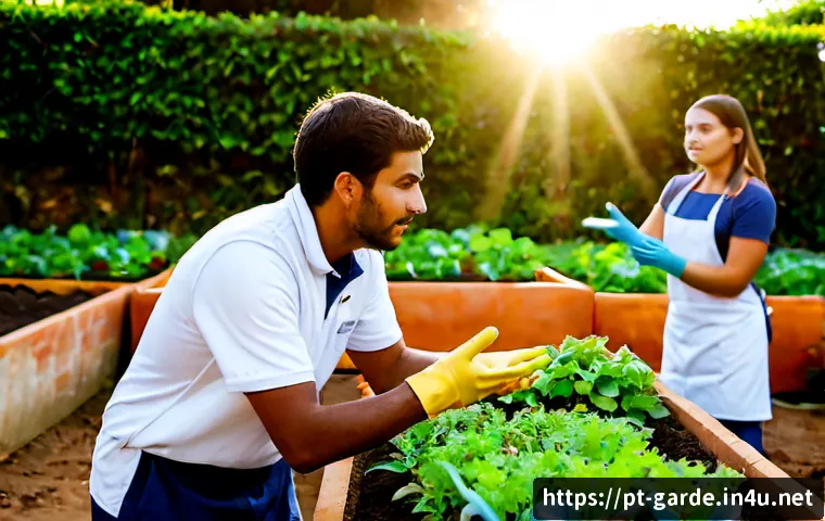 Home 13 원예 전문가가 되는 데 필요한 소프트 스킬 - Photorealistic gardening mentor patiently listening to a young apprentice in a lush Portuguese commu...