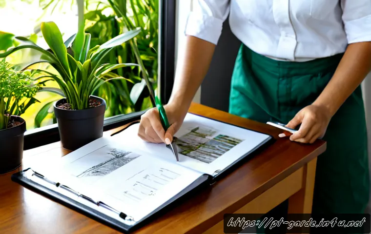 원예사 취업 시 필요한 포트폴리오 작성법 - Photorealistic Brazilian horticulturist in clean work clothes assembling a professional visual portf...